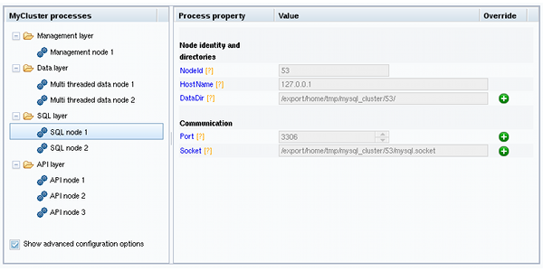 Most content is described in the surrounding text. SQL Node 1 is selected and displays property fields for "NodeId", "HostName", "DataDir", "Port", and "Socket". The "DataDir", "Port", and "Socket" rows include a green plus sign button on the right indicating that they can be edited.