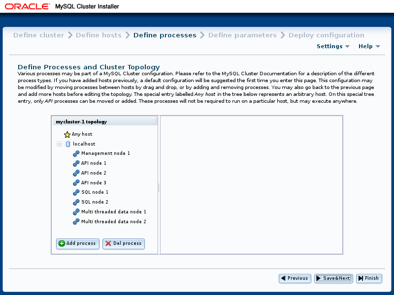 Content is described in the surrounding text. The example process tree topology includes "Any host" and "localhost", as defined earlier. The localhost tree includes the following processes: Management mode 1, API node 1, API node 2, API node 3, SQL node 1, SQL node 2, Multi threaded data node 1, and Multi threaded data node 2. This panel also includes "Add process" and "Del[ete] process" buttons.