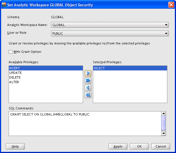 Set Analytic Workspace Object Security dialog box