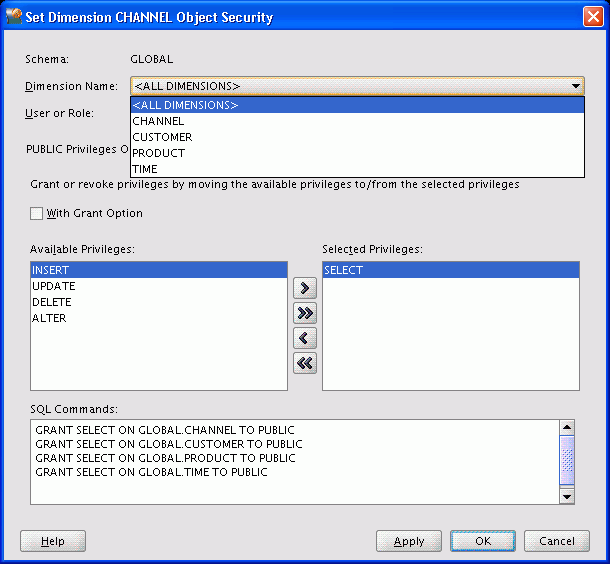 Set Dimension Object Security dialog box