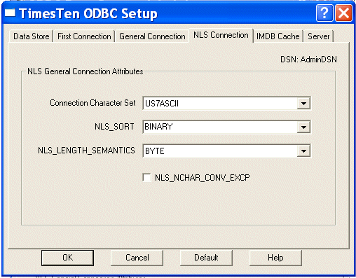 Setting connection character set for AdminDSN